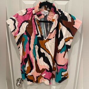 crosby. Pink, Brown, and Teal Abstract Blouse